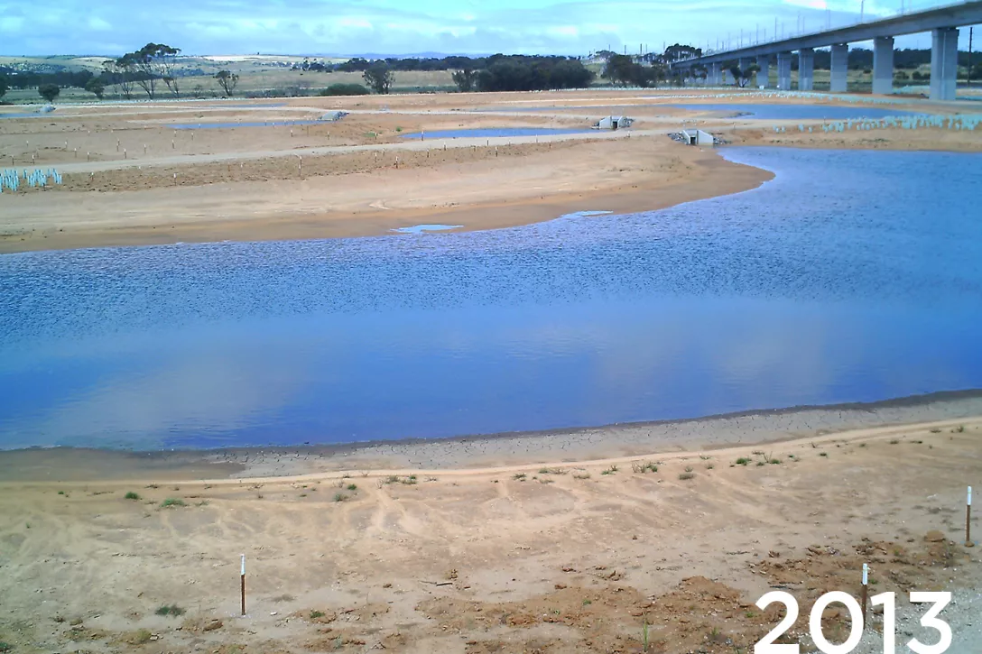 Ecologisch landherstel met TerraCottem Universal, Christies Beach, Noarlunga Downs, SA, Australië – een voormalige koolmijnterrein werd geïntegreerd in de reeds bestaande "coastal wetlands" (2013).